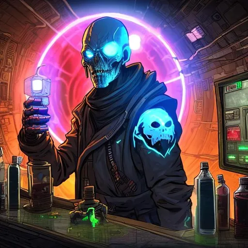 Prompt: an undead human space technomancer with glowing red eyes plays with a display in a scifi bar while drinking radioactive waste.