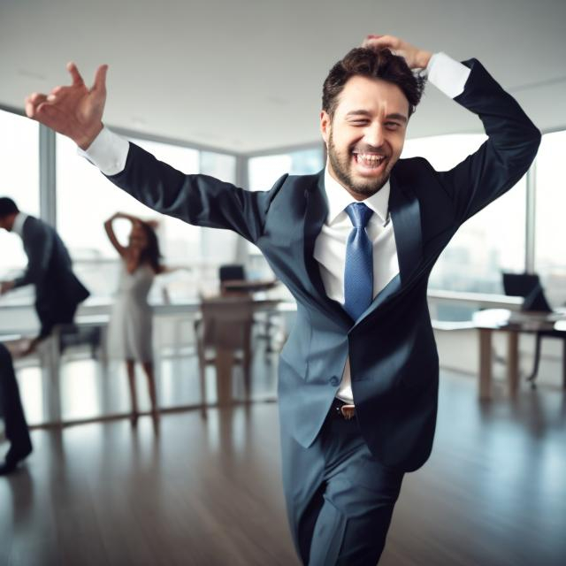 Prompt: businessman in a business suit shaking as he dances