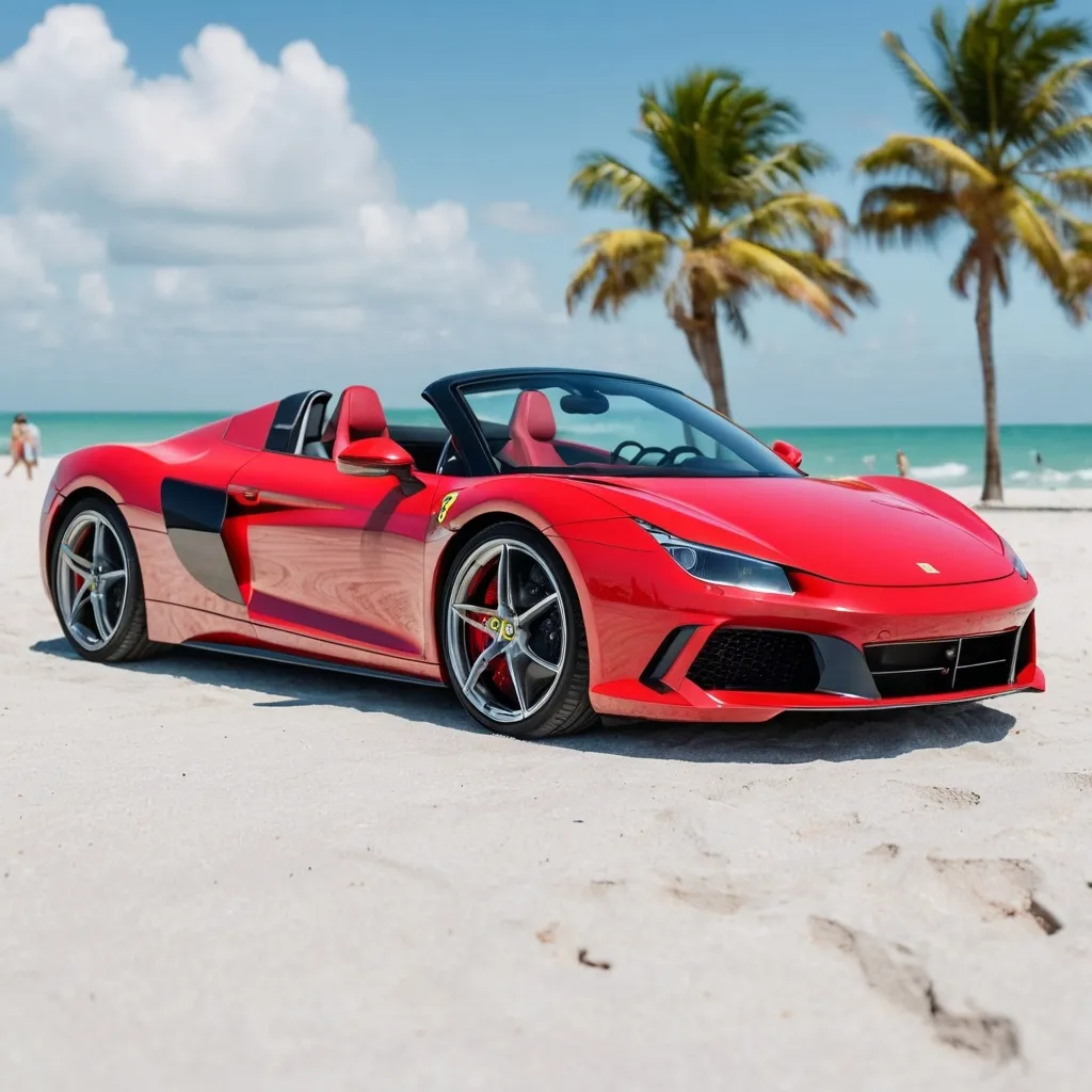 Prompt: Single car. A drop-top vehicle made by a collaboration between Ferrari and Audi. Based on an Audi R8 and Ferrari F8. Photograph taken midday on Miami Beach. Beach background with ladies. The photograph is taken from the front and side. 