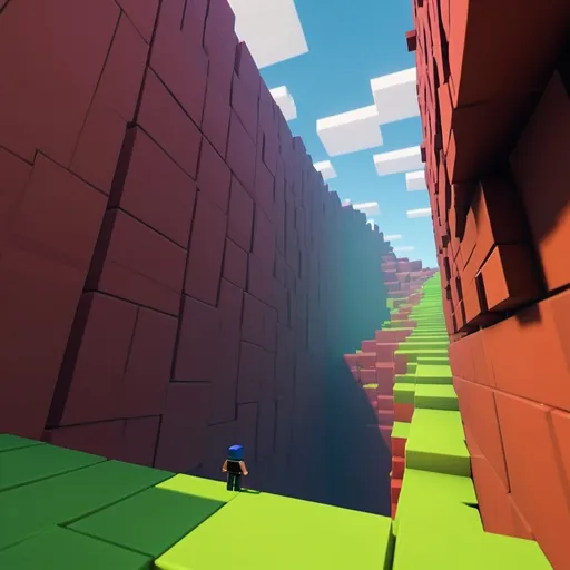 Prompt: Create an image in the Roblox style of a Roblox character being pushed by a large, moving wall towards a deep valley. The scene takes place on a high, narrow obby platform with a long, intimidating drop into the valley below. The massive wall is slowly advancing, pushing the character closer to the edge. The entire scene should capture the vibrant, blocky aesthetic of Roblox, with bright colors and a sense of dynamic action.