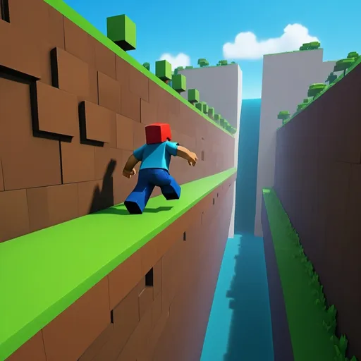 Prompt: "Create a Roblox-style image of a Roblox character being pushed down a large, smooth, moving wall toward a deep valley. The scene takes place on a tall, narrow platform with a long, intimidating drop into the valley below. The massive The wall is slowly advancing, pushing the character closer to the edge. The entire scene should capture the vibrant, blocky aesthetic of Roblox, with bright colors and a sense of dynamic action."
