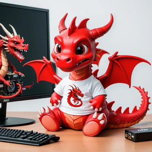 Prompt: A cute red dragon wearing a tshirt named MSI sitting beside graphics card