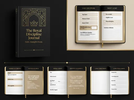 Prompt: Create a premium, minimal, royal-themed Islamic daily discipline journal.
Style should feel human-designed, intentional, and elegant — not robotic or generic.

Color theme: matte black background with subtle gold accents, soft beige sections, and clean white text.
Typography: elegant serif headings, clean modern sans-serif body text.
Aesthetic: luxury, powerful, calm, masculine, structured, spacious layout with lots of breathing space.

Include the following pages:

Cover Page
Title: “The Royal Discipline Journal”
Subtitle: “Faith. Strength. Focus.”
Minimal gold line decoration. No clutter.

Daily Discipline Page
Sections:
• Fajr Check
• Workout Check
• Quran Check
• Daily Discipline Score (out of 50)
• One Reflection Question
Add clean checkboxes and subtle divider lines.

Night Audit Page
Sections:
• Sins avoided
• Istighfar count
• Phone discipline
• Gratitude reflection

Mission of the Day Page
1 Big Win
2 Medium Tasks
3 Non-negotiables

No Excuses Rule Page
Minimal bold centered quote:
“My future does not care about my excuses.”
Below it, simple rules in clean list format.

Weekly Reset Page
Sections:
• Wins
• Failures (Lessons)
• Gym Progress
• Spiritual Growth
• One Habit to Upgrade

Identity Statement Page
Elegant centered text layout for a personal discipline declaration.

Long-Term Vision Page
Sections:
• Ramadan Goal
• 1 Year Physique Goal
• Quran Goal
• Income Goal
• Character Goal

Design should feel:
• Premium
• Intentional
• Calm but powerful
• Slight luxury aesthetic
• Professional journal quality
• Like something printed in a leather-bound planner

Avoid:
• Cartoon icons
• Bright colors
• Busy patterns
• Overused stock graphics
