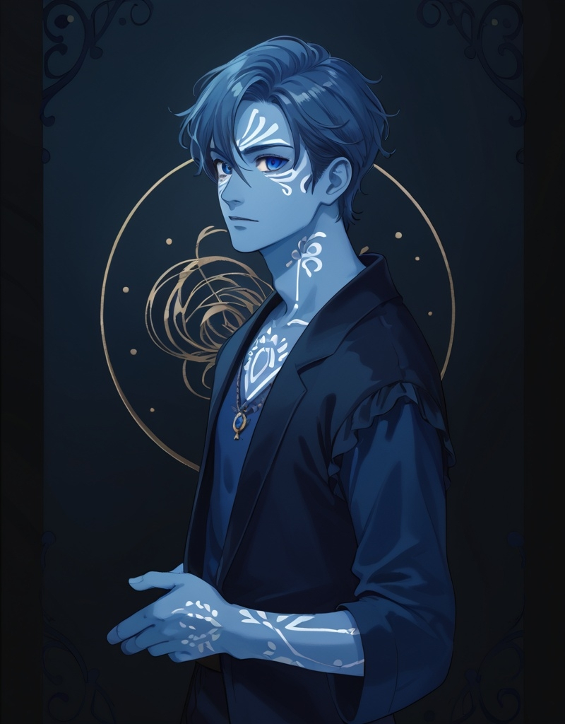 Prompt: (Charlie Bowater style), a captivating D&D character portrait, man with a (blue shirt), distinctive ring around his neck, striking blue skin, intricate blue face and neck markings on one side only, art nouveau elements, whimsical patterns in the background, vivid colors, ultra-detailed, high-definition, enchanting atmosphere, evokes fantasy and adventure, male, male hair, blue neck markings on one side of neck, blue neck markings going up and onto face, blue neck markings going up and over nose, side view, one sided blue markings, asymmetrical blue markings on face,