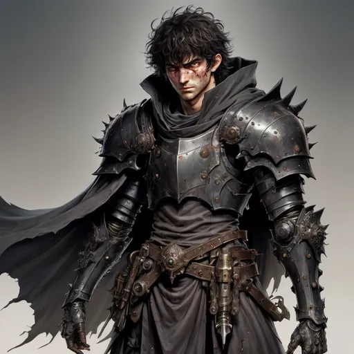 Prompt: DnD warrior, dishevelled, tired looking, dark messy mop of hair, little stubble, large cloak around body, guts from berserk, prosthetic mechanical arm, mechanical arm, scars over face, armored body,