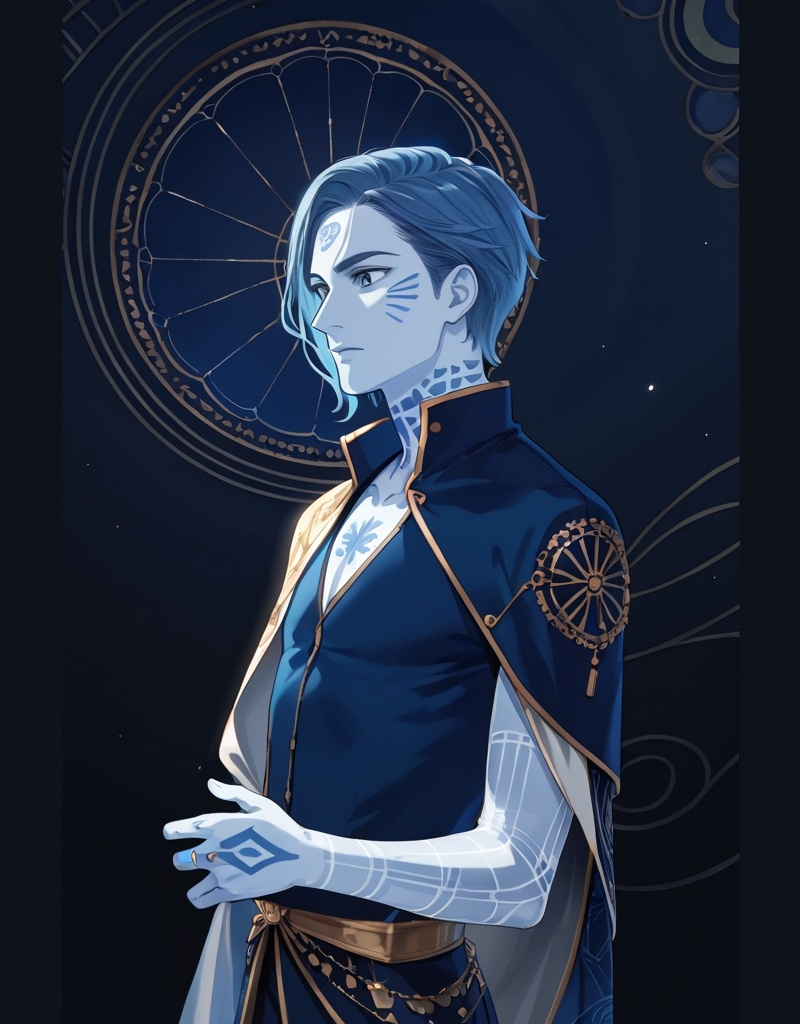 Prompt: (Charlie Bowater style), a captivating D&D character portrait, man with a (blue shirt), distinctive ring around his neck, striking blue skin, intricate blue face and neck markings on one side only, art nouveau elements, whimsical patterns in the background, vivid colors, ultra-detailed, high-definition, enchanting atmosphere, evokes fantasy and adventure, male, male hair, blue neck markings on one side of neck, blue neck markings going up and onto face, blue neck markings going up and over nose, side view, one sided blue markings, asymmetrical blue markings on face, crystalline arm, crystal arm, crystal arm