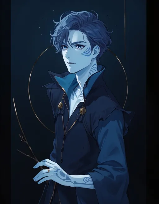 Prompt: (Charlie Bowater style), a captivating D&D character portrait, man with a (blue shirt), distinctive ring around his neck, striking blue skin, intricate blue face and neck markings on one side only, art nouveau elements, whimsical patterns in the background, vivid colors, ultra-detailed, high-definition, enchanting atmosphere, evokes fantasy and adventure, male, male hair, blue neck markings on one side of neck, blue neck markings going up and onto face, blue neck markings going up and over nose, side view, one sided blue markings, asymmetrical blue markings on face,