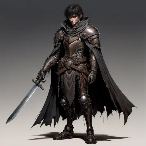 Prompt: DnD warrior, dishevelled, tired looking, dark messy mop of hair, little stubble, large cloak around body, guts from berserk, prosthetic mechanical arm, mechanical arm, scars over face, padded leather armor on body, rogueish looking