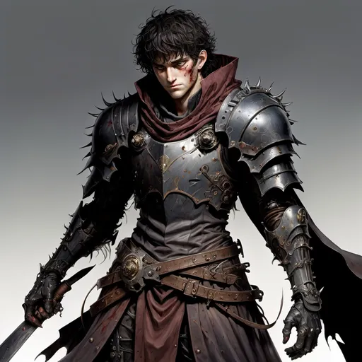 Prompt: DnD warrior, dishevelled, tired looking, dark messy mop of hair, little stubble, large cloak around body, guts from berserk, prosthetic mechanical arm, mechanical arm, scars over face, armored body,