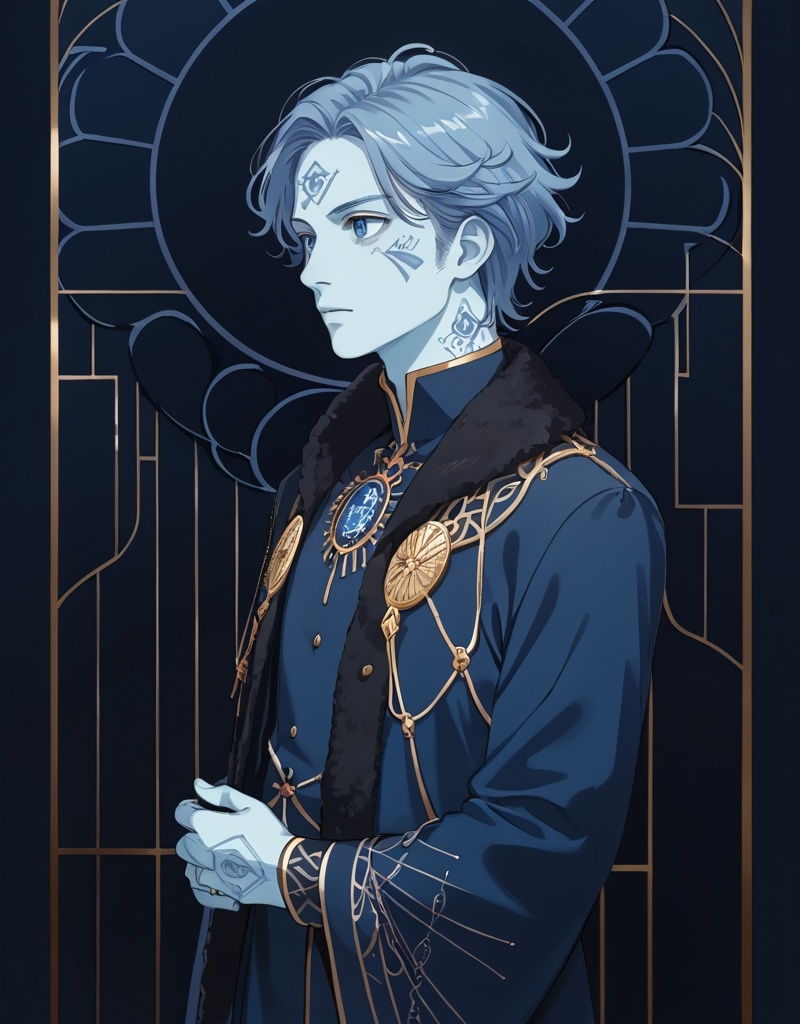 Prompt: (Charlie Bowater style), a captivating D&D character portrait, man with a (blue shirt), distinctive ring around his neck, striking blue skin, intricate blue face and neck markings on one side only, art nouveau elements, whimsical patterns in the background, vivid colors, ultra-detailed, high-definition, enchanting atmosphere, evokes fantasy and adventure, male, male hair, neck markings on one side of neck, neck markings going up and onto face, neck markings going up and over nose, side view