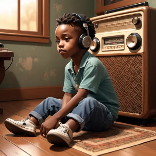 Prompt: Realistic illustration of a young black child from the early 2000s, sitting on the floor, deeply engaged with a vintage radio playing soulful African music, warm and nostalgic vibes, natural lighting, detailed features, realistic style, 2000s fashion, vinyl flooring, genuine expression, cozy atmosphere, high quality