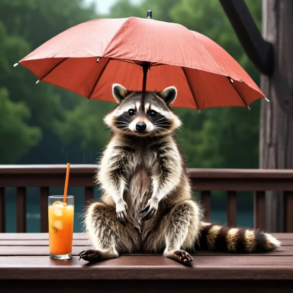 Prompt: A raccoon sitting on a deck with an umbrella drink, trying to stay cool. Photorealistic