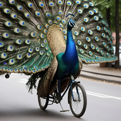 Prompt: an eccentric peacock who rides a bicycle
