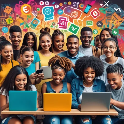 Prompt: A vibrant collage of safrican students using laptops and sartphones, with icons of popular websites and money symbols. 