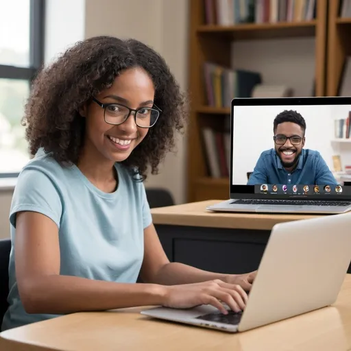 Prompt: An image of a tutor teaching students online via a laptop, showcasing a friendly and engaging virtual classroom environment.