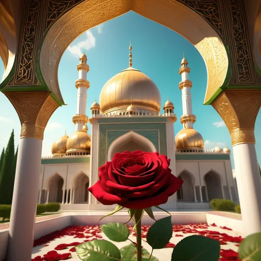 Prompt: (Complete golden masjid) resting delicately on a vibrant red rose, intricate details shimmering in the sunlight, lush green leaves surrounding, warm golden hues contrasted against the rich velvety petals, a serene and magical ambiance, high depth, ultra-detailed, evocative of beauty and harmony in nature, enchanting composition, 4K quality.