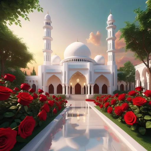 Prompt: (stylish white masjid), surrounded by vibrant red roses, (lush greenery) in the background, (soft warm lighting), evoking a serene and peaceful atmosphere, high details on architectural features, vivid and lifelike colors, enchanting ambiance, (4K quality), showcasing a harmonious blend of nature and architecture.