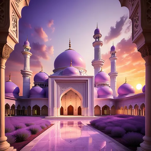 Prompt: (Different style Lavender Masjid), surrounding red Rose different architecture enchantingly vibrant, intricate architecture, soft lavender hue, serene ambiance, lush surrounding gardens, dramatic sunset lighting, softly illuminated domes, high detail, ultra-detailed, showcasing unique structural designs, peaceful atmosphere, cultural richness highlighted, harmonious blend of colors creating an inviting scene.