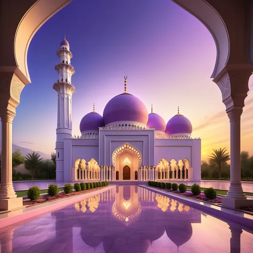 Prompt: (Different style Lavender Masjid), different architecture enchantingly vibrant, intricate architecture, soft lavender hue, serene ambiance, lush surrounding gardens, dramatic sunset lighting, softly illuminated domes, high detail, ultra-detailed, showcasing unique structural designs, peaceful atmosphere, cultural richness highlighted, harmonious blend of colors creating an inviting scene.