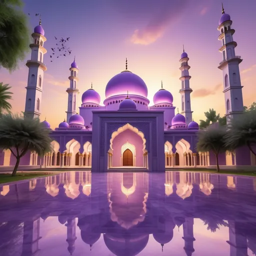 Prompt: (Different style Lavender Masjid), different architecture enchantingly vibrant, intricate architecture, soft lavender hue, serene ambiance, lush surrounding gardens, dramatic sunset lighting, softly illuminated domes, high detail, ultra-detailed, showcasing unique structural designs, peaceful atmosphere, cultural richness highlighted, harmonious blend of colors creating an inviting scene.