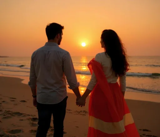 Prompt: holding hands like lovers in romantic sunset at beach