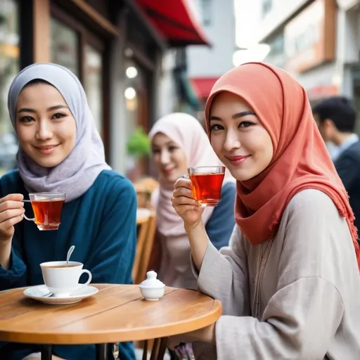 Prompt: freely japanese muslim women drinking turkish tea with her friends in cozy cafe in the urban street, sunny weather,cloth image colourful. 