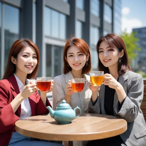 Prompt: freely japanese women drinking turkish tea with her friends in workplace in the urban building, sunny weather,cloth image colourful. 