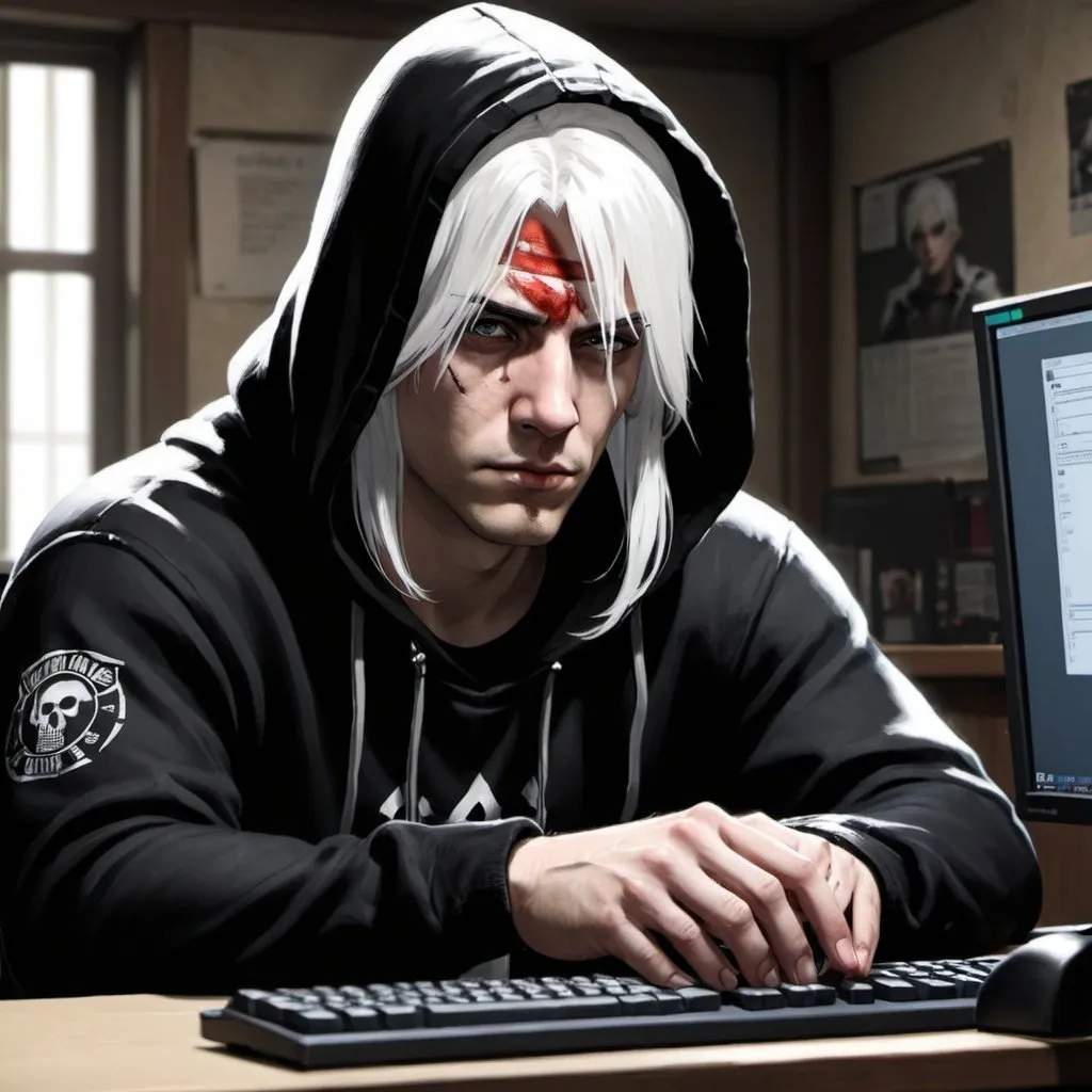 Prompt: A portrait of a criminal in a crime mmo with with white hair wearing a black hooded jumper while sat at a computer with guns mounted on the wall behind them