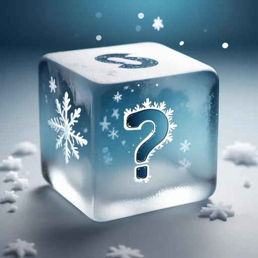 Prompt: Create a logo featuring a frosty ice cube, icy blue with a shiny, glossy finish. Each side of the cube should have a playful question mark drawn on it, hinting at curiosity and mystery. Add some scattered snowflakes and a light dusting of leftover snow on top of the cube to enhance the wintery feel. The overall vibe should be cool and inviting, perfect for a brand that evokes freshness and intrigue!

No letter on the ice cube only the question mark