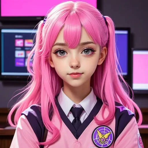 Prompt: UNA CHICA ANIME CON UNIFORME ESCOLAR ROSADO Y PELO ROSADO CON LILA Y CARA DE TELEVISIÓN CON FONDO ROSADO NEON