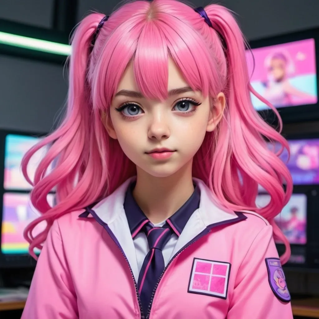 Prompt: UNA CHICA ANIME CON UNIFORME ESCOLAR ROSADO Y PELO ROSADO CON LILA Y CARA DE TELEVISIÓN CON FONDO ROSADO NEON de cuerpo completo