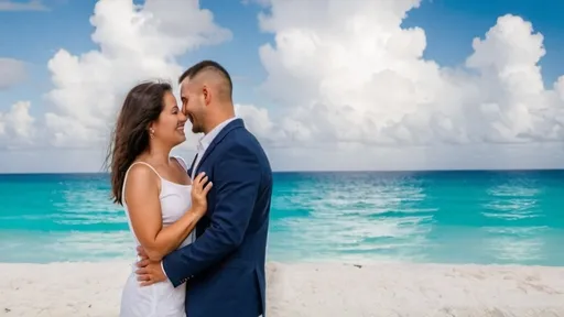 Prompt: Photo of a couple celebrating anniversary at Cancun . Generate a nice photo in an outdoor environment . The photo should show from head to toe and full body of the couple