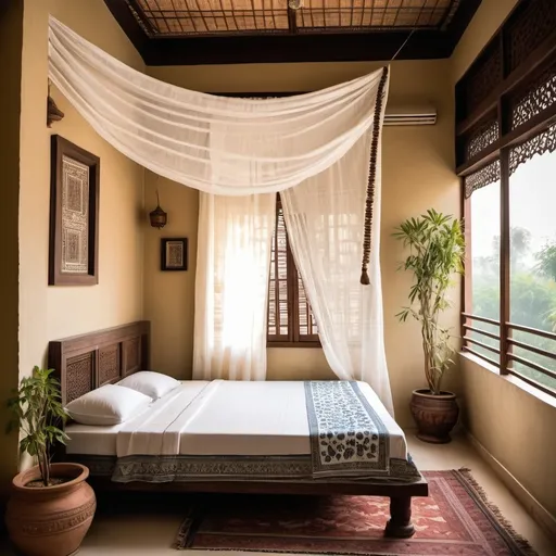 Prompt:   an indian modern room with jaipuri handblock printed bedsheet on it, 1-2 plants around the bed, with balcony view,with white sheer curtain on it. traditional wall jharokha on the wall with cane or bamboo lamp 