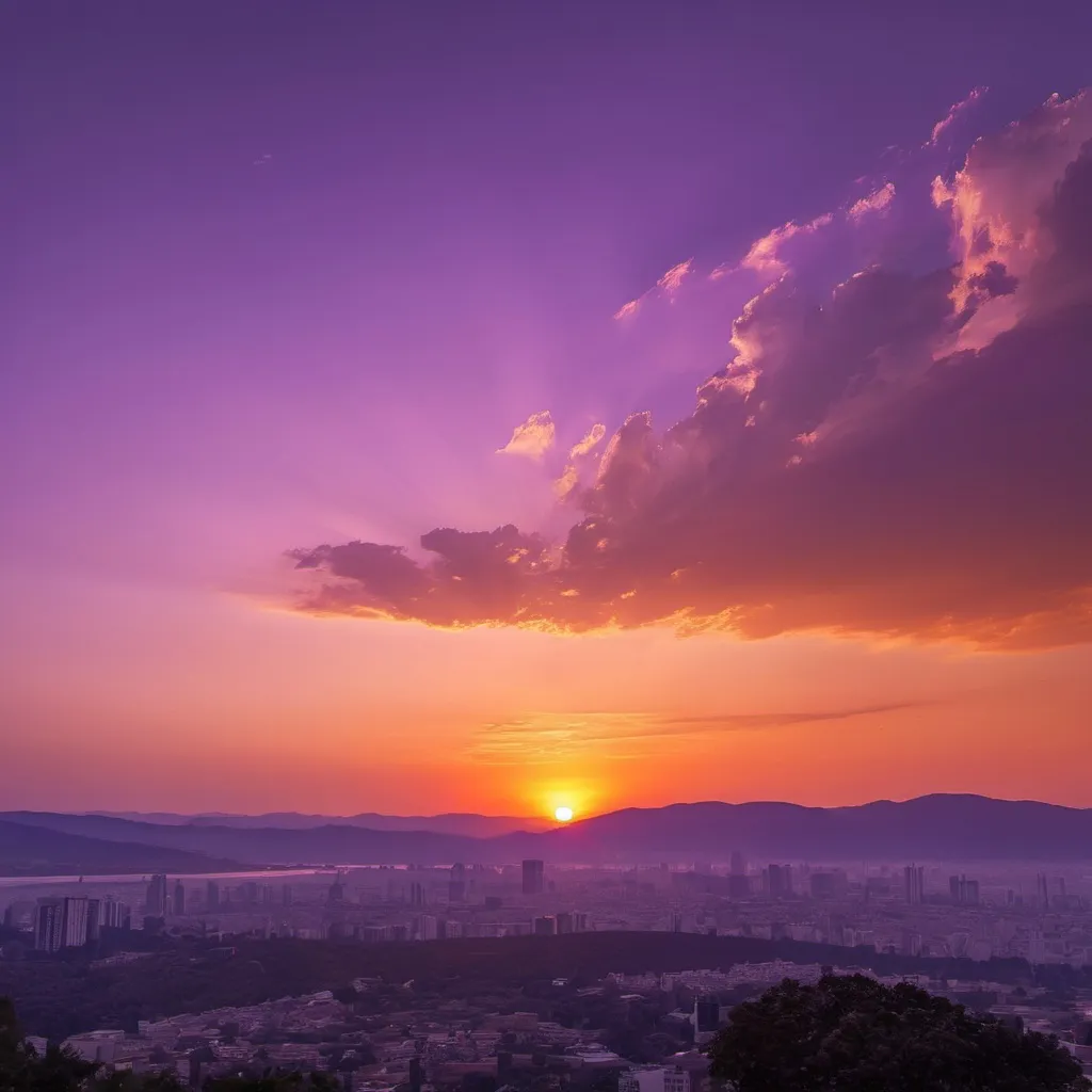 Prompt: "A stunning sunset view with a clear sky in shades of orange and purple."