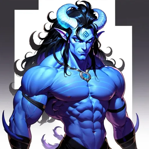 Prompt: OC character. Male, Sakhui. fuzzy blue skin, ram like horns, glowing blue eyes, eight feet tall humanoid, bulky, muscular, dark black hair really long and wavy slender lion-like tail
 wearing purple and blue loin cloth human face, ridges over the heart, brow, and nose Human face all blue