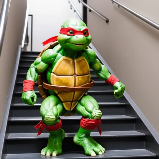 Prompt: Ninja turtle taking the stairs