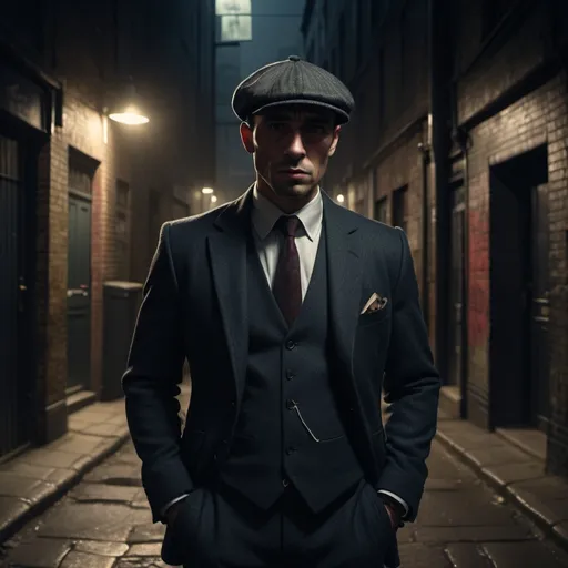 Prompt: Typical UK gangster, (intimidating presence), wearing a sharp tailored suit, a flat cap, and holding a cigarette, (confident stance), dark alley backdrop, dim street light casting shadows, (gritty atmosphere), muted colors accentuating overall vibe, (intricate details in fabric textures), (4K, ultra-detailed), conveying an aura of mystery and menace.