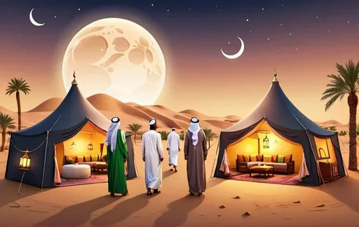 Prompt: Eid day with sunrise and Cresent moon at oasis with saudi traditional clothes and tent showing happy gathering with people more realistic
