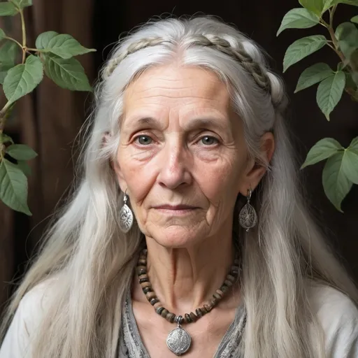 Prompt: Draw: 200 yr old woman with Scandinavian ethnicity and long silver hair. Faded beauty. Still has good brain with knowledge of the spiritual leaders , financial information, poetry and literature, likes dogs and animals knows about plants and greenhouse use, wears ethic jewelry is vegetarian. 