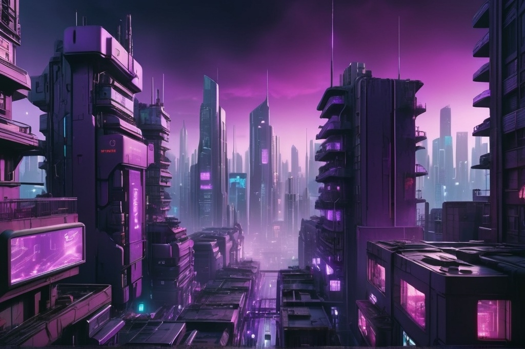 Prompt: Huge Cyberpunk city with lot of buildings purple atmosphere upper view ultra high quality,4k