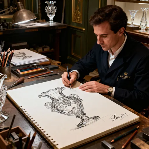 Prompt: A male artisan in an elegant, refined workshop, sitting at a workbench. He is carefully sketching on a notebook the design of a luxury glassware piece inspired by Lalique. The workshop is well-lit, with refined tools, pencils, and artistic materials arranged neatly. The atmosphere should convey craftsmanship, expertise, and the prestige of French luxury. Realistic style, rich colors, intimate and elegant mood, ultra-detailed, high-definition photographic rendering.