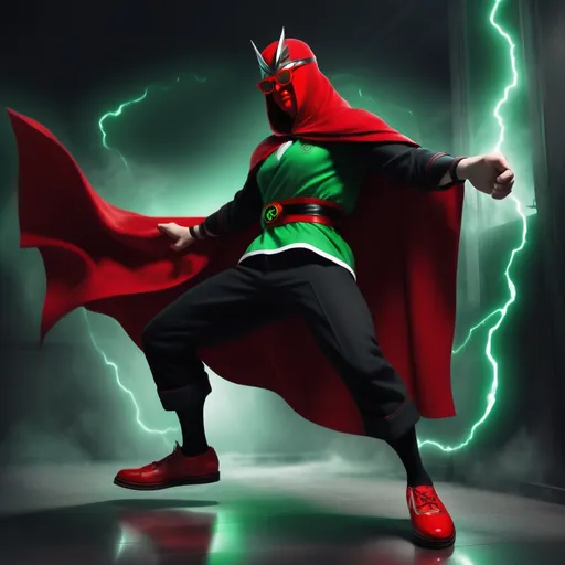 Prompt: ceinture noir une cape rouge soulier vert une montre électrique masques rouges lunettes noir