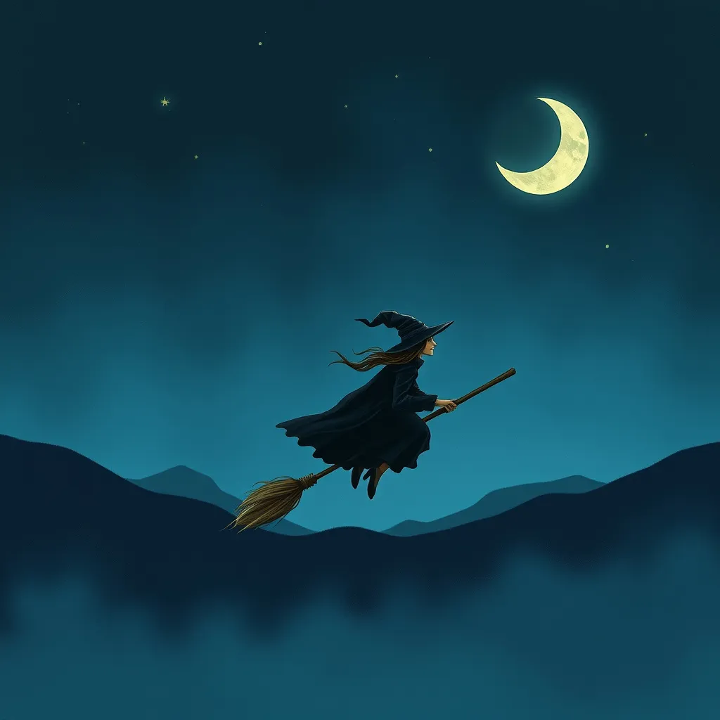 Prompt: a lone witch traveling in the night on her broomstick. 