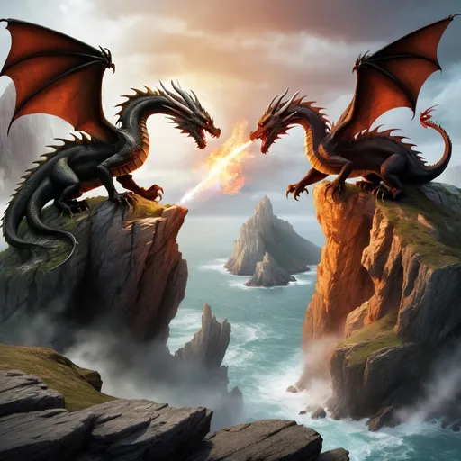 Prompt: Dragons fighting over a cliff. 