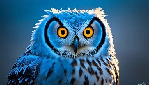 Prompt: Blue ice owl, rear-lit by setting sun, high definition, realistic yellow owl eyes, detailed ice feathers, sunset lighting, cool tones, naturalistic