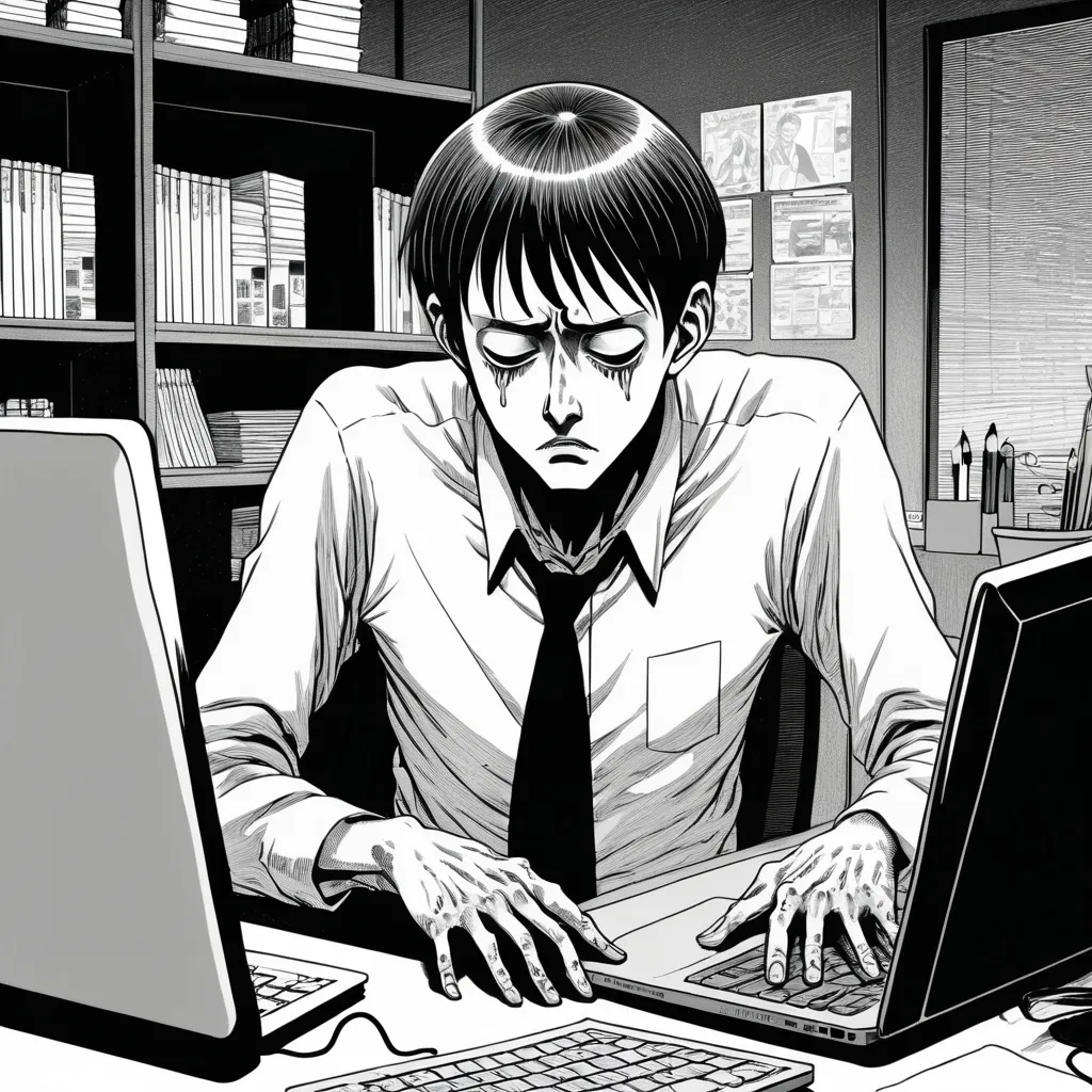 Prompt: Junji Ito manga style, man at work office looking to his laptop and trying to not cry , manga scene