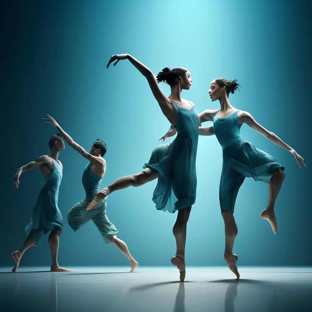 Prompt: (realism style), a dance scene featuring (dynamic locomotor and non-locomotor movements), cool color scheme with shades of blue and green, flowing fabric swaying with motion, soft lighting creating an ethereal atmosphere, intricately detailed figures conveying grace and fluidity, a minimalist backdrop enhancing the focus on the dancers, (ultra-detailed) full body display of movements, capturing the essence of dance in action.