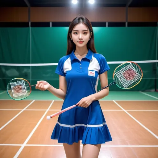 Prompt: a beautiful girl Wear a badminton blue dress AND .and play badminton with the other girl AI celebrity LOOK and giving a NEAR CAMERA different UNIQUE hot Cover full badminton court and lighting background and an ai inlfuencer and a colorful LONG hair and pretty face and eyes pretty .8K CLEAR,HIGH RESOLUTION CANON CAMERA IMAGE