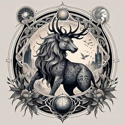 Prompt: (tattoo of a mythical animal capturing the world), spirit of adventure, retro color scheme, (black and grey) tones, high contrast, detailed linework, intricate patterns, (ethereal and mystical atmosphere), globe in the animal's grasp, art nouveau style elements, subtle shading, minimal background,  ultra-detailed, HD quality