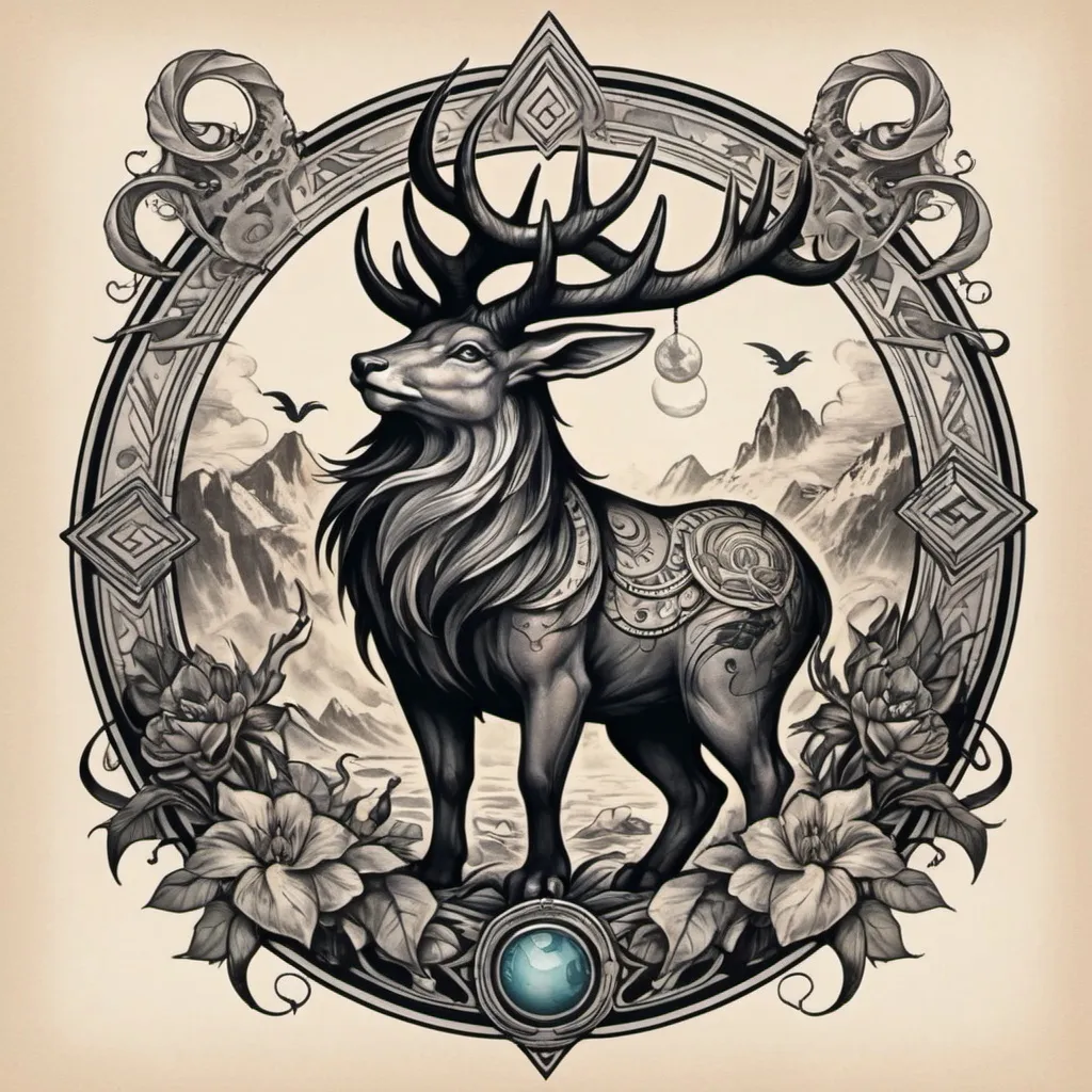 Prompt: I need an idea for tattoo i need the spirit of catching the world  in mythical animal.In retro color like black and grey.